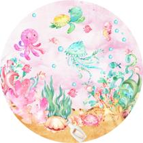 Painel de Tecido Sublimado Redondo Fundo do Mar Aquarela Peixes no Oceano Feliz Fundo Rosa c/ Elástico Painel de Tecido Sublimado Redondo Fundo do Mar Aquarela Peixes no Oceano Feliz Fundo Rosa c/ Elástico