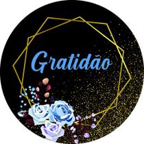 Painel de Tecido Sublimado Redondo Gratidão Flores Azuis e Formas Geométricas c/ Elástico - Fabrika de festa Painel de Tecido Sublimado Redondo Gratidão Flores Azuis e Formas Geométricas c/ Elástico - Fabrika de festa