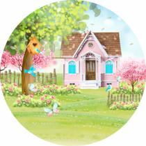 Painel de Tecido Sublimado Redondo Jardim Aquarela Casinha no Campo C/Elástico