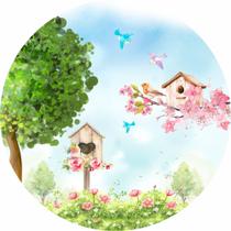 Painel de Tecido Sublimado Redondo Jardim Aquarela Passarinhos c/ Elástico Painel de Tecido Sublimado Redondo Jardim Aquarela Passarinhos c/ Elástico
