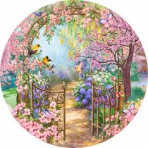 Painel de Tecido Sublimado Redondo Jardim Aquarela Portão de Entrada e Flores Rosa c/ Elástico