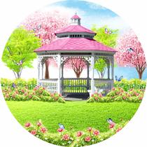 Painel de Tecido Sublimado Redondo Jardim das Borboletas Coreto Rosa Flores Coloridas c/ Elástico