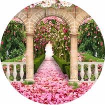 Painel de Tecido Sublimado Redondo Jardim de Flores Arcos de Pedra c/ Elástico Painel de Tecido Sublimado Redondo Jardim de Flores Arcos de Pedra c/ Elástico