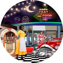 Painel de Tecido Sublimado Redondo Lanchonete Vintage Drive thru Rock2 c/ Elástico