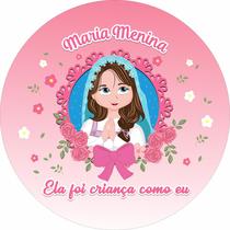 Painel de Tecido Sublimado Redondo Maria Menina Rezando Fundo Rosa Flores c/ Elástico