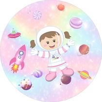 Painel de Tecido Sublimado Redondo Menina Astronauta Candy Cute c/ Elástico Painel de Tecido Sublimado Redondo Menina Astronauta Candy Cute c/ Elástico