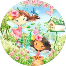 Painel de Tecido Sublimado Redondo Meninas Fadas e Flores Jardim Aquarela c/ Elástico