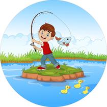 Painel de Tecido Sublimado Redondo Menino Criança Pescando Lago Patinhos c/ Elástico Painel de Tecido Sublimado Redondo Menino Criança Pescando Lago Patinhos c/ Elástico