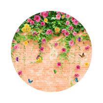 Painel De Tecido Sublimado Redondo Muro de Tijolos Vermelhos Flores e Borboletas C/Elástico