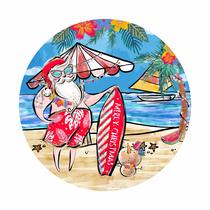 Painel de Tecido Sublimado Redondo Natal Papai Noel na Praia Verão Tropical Aquarela 1,5x1,5m