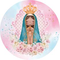 Painel de Tecido Sublimado Redondo Nossa Senhora Aparecida Fundo Degradê Aquarela Flores c/ Elástico