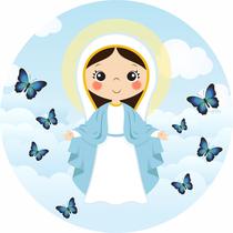 Painel de Tecido Sublimado Redondo Nossa Senhora das Graças Borboletas Azuis C/ Elástico