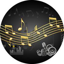 Painel de Tecido Sublimado Redondo Notas Músicais Douradas Caixa de Som Microfone c/ Elástico Painel de Tecido Sublimado Redondo Notas Músicais Douradas Caixa de Som Microfone c/ Elástico