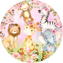 Painel de Tecido Sublimado Redondo Safari Rosa Aquarela Animais Cute c/ Elástico Painel de Tecido Sublimado Redondo Safari Rosa Aquarela Animais Cute c/ Elástico