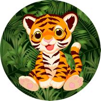 Painel de Tecido Sublimado Redondo Tigre Cute Feliz Fundo Folhagem Verde c/ Elástico