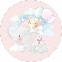Painel de Tecido Sublimado Redondo Ursinha Baloeira com Elefantinho Céu Rosa c/Elástico
