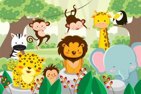 Painel de Tecido Sublimado Selva Animais Felizes Painel de Tecido Sublimado Selva Animais Felizes