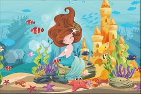 Painel de Tecido Sublimado Sereia e Castelo no Fundo do Mar Painel de Tecido Sublimado Sereia e Castelo no Fundo do Mar
