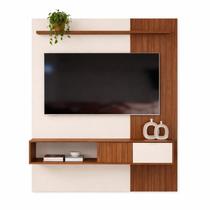 Painel DJ Cosmos 1200 Off White Freijó Para TV Até 55 Polegadas Suspenso Com Ripado Decorativo Prateleira E Nicho