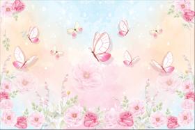 Painel em Tecido Sublimado Borboletas flores rosas aquarela