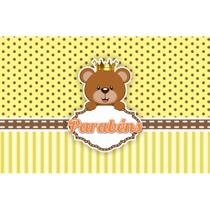 Painel Em Tecido Sublimado Ursinha Princesa Amarela e Marrom Parabéns