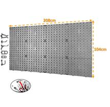 Painel Expositor De Ferramentas Modular 208cm x 104cm Em Plástico Perfurado Com 168 Ganchos Parede Cinza - AMZ