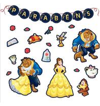 Painel Festa Bela e Fera Auto Adesivo + Faixa de Parabéns