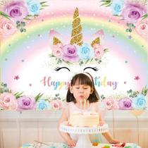 Painel Festa Retangular Unicórnio Infantil Decorativo Kawaii Tecido Aniversário Eventos Comemorações