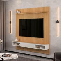 Painel home suspenso com nicho Fendi cinza claro de 1 gaveta grande e alto Cle. 1.80m para TV até 75'' polegadas estilo listrado com prateleira cor Fr