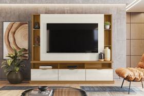 Painel Home Vigo 2024 P/ TVs Até 70" 3 Portas e Prateleiras p/ Itens - Jequitiba/Off White Perolizado