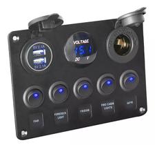 Painel Marinizado 5 Botões + USB + Voltímetro + 12V Led Azul