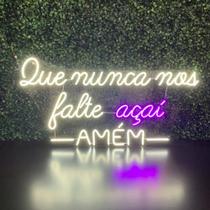 Painel Neon Led - Que Nunca Nos Falte Açai, Amém 41x81cm Cor Branco Frio E Roxo 110v/220v