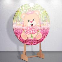 Painel p/ Festa Menina Ursinha Princesa Rosa Sublimado Redondo Capas Decoração Infantil Tamanhos Min