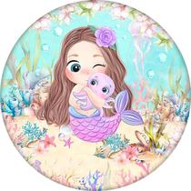 Painel para Decoração de Festa Aniversário Sereia Menina Redondo com Elástico em Tecido Sublimado Premium