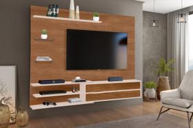 Painel para TV 60 Polegadas Verona 1 Porta Basculante 2 Prateleiras em Vidro Cor Mel com Off White - Rud Rack