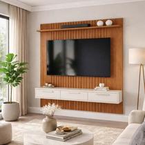 Painel Para TV 75" Frisado Atlas 186x180cm Bancada Bali Lukaliam Jequitiba/Off White Painel Para TV 75" Frisado Atlas 186x180cm Bancada Bali Lukaliam Jequitiba/Off White
