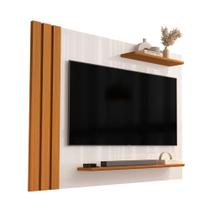 Painel Para TV Até 40 Polegadas Detalhe Ripado Com Prateleiras Aden Off White/Madeirado Painel Para TV Até 40 Polegadas Detalhe Ripado Com Prateleiras Aden Off White/Madeirado