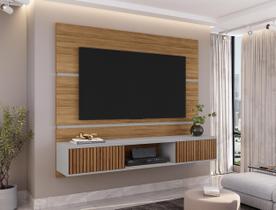Painel para TV até 65 Polegadas 160cmx136cm 2 Portas Âmbar Marrom Cinamomo/Off White/Ripado
