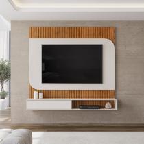 Painel Para TV Até 65 Polegadas Ripado Freijó Off White Com Prateleira Sala Moderna