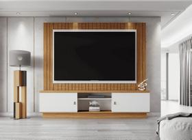 Painel para TV até 75 Polegadas com Rack Home Santos 200cm Freijó e Branco com Portas de Correr Nichos para Sala de Estar e Home Theater