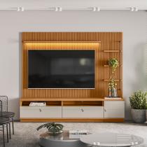 Painel para TV até 75 Polegadas Ripado Betina com Rack Bancada e Módulo Lateral Direito Nature e Off White 224x198 cm L04 - D Rossi