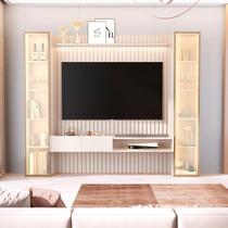 Painel para TV até 75 Polegadas Ripado LED com Vidro Reflecta 2 Cristaleiras 100% MDF 219CMX259CM Vitoria Regia Yescasa Bege