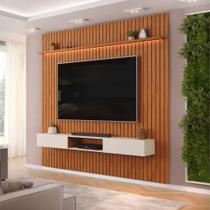 Painel Para Tv Até 90 Polegadas 2,75m Ripado Autêntico Com Led E Nicho Montreal Madeirado/off White
