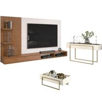 Painel para Tv Bento Freijó Off White com Aparador para Sala Petri e Mesa de Centro Petri Off White DJ Móveis