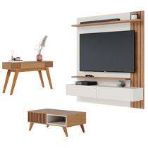 Painel para Tv Home Suspenso Juriti 1.5 Off White Matte Freijó com Mesa de Centro Jeri Freijó Off White e Aparador Riviera Freijó - Colibri