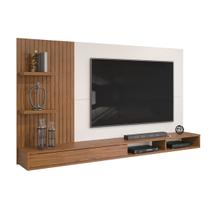 Painel Para Tv Ripado Até 60 Polegadas Suspenso Com Prateleiras Home Rack Moderno Sala Quarto Luxo Bento Freijo/Off White