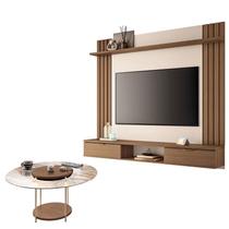 Painel para TV Suspenso Solus e Mesa de Centro SKY com Tampo de Vidro Castanho Off White HB Móveis