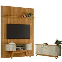 Painel Piso Teto New Interlagos Cumaru com Rack Bancada Atlanta New Silverstone com Aparador para Sala Buffet Mônaco Cumaru Opala - Madetec