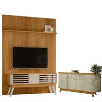 Painel Piso Teto New Interlagos Cumaru com Rack Bancada Frizz 1.5 New Premium com Aparador para Sala Buffet Mônaco Cumaru Opala - Madetec