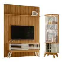 Painel Piso Teto New Interlagos Cumaru com Rack Bancada Frizz 1.5 New Premium com Cristaleira Marina Cumaru Opala - Madetec